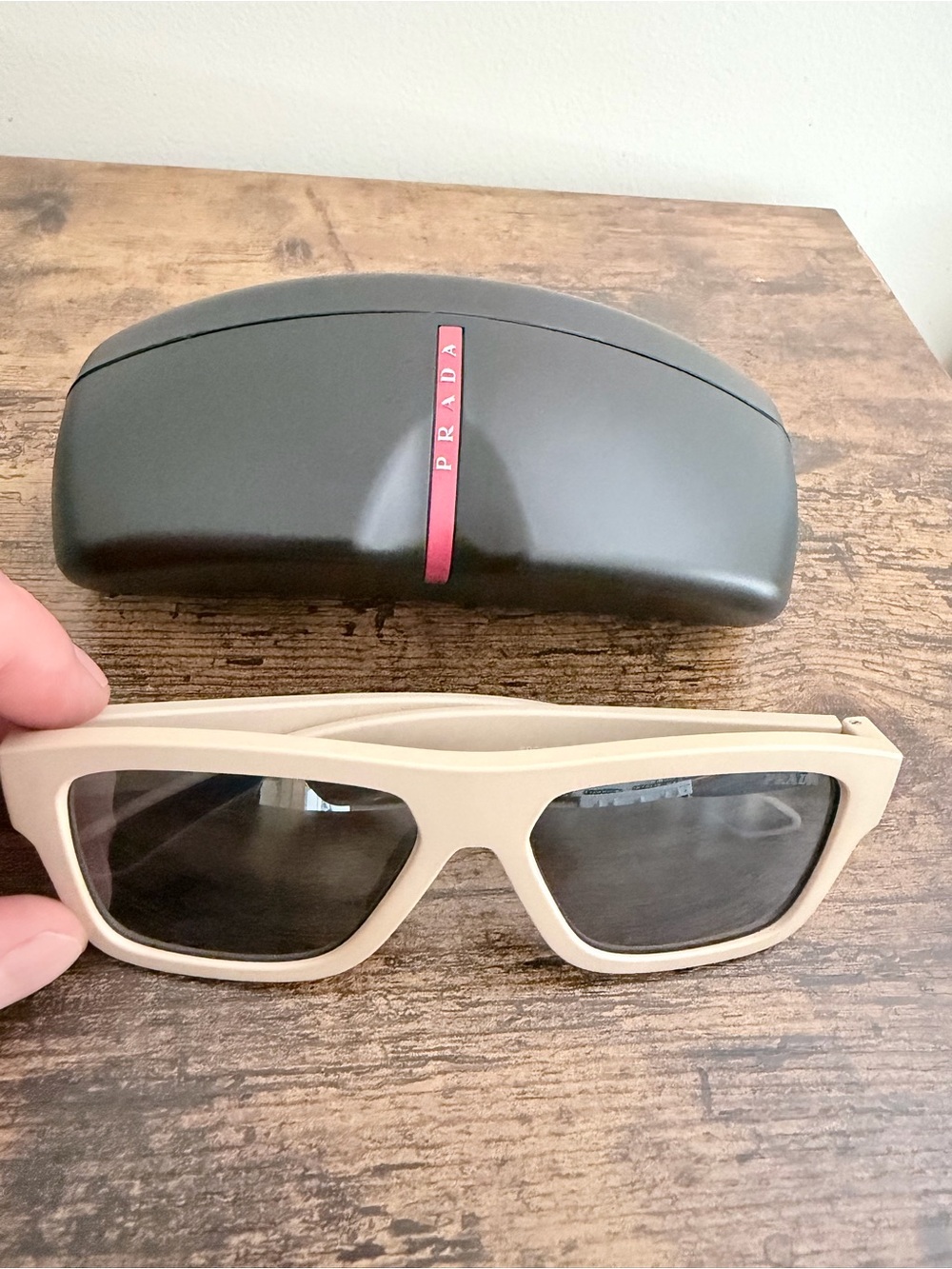 Prada Cream Square Sunglasses with Dark Lenses
